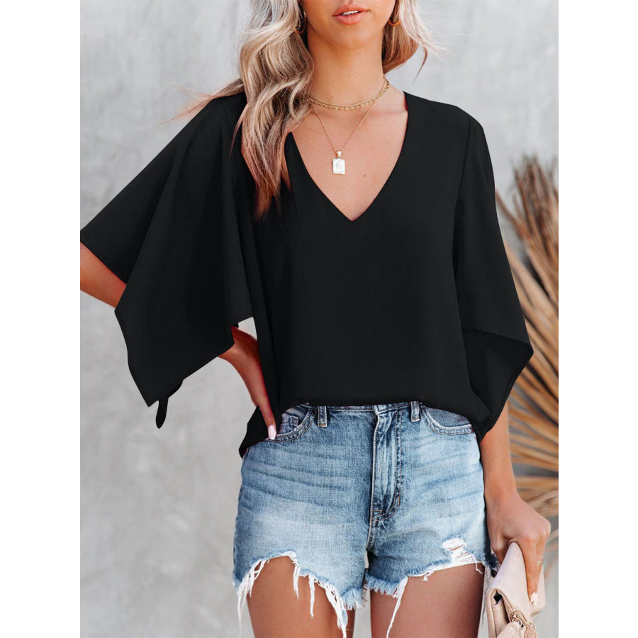 V-Neck Half Sleeve Blouse Black / S Apparel and Accessories