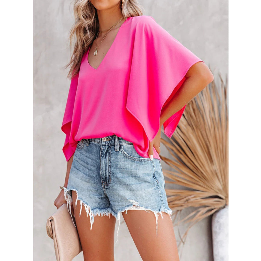 V-Neck Half Sleeve Blouse Deep Rose / S Apparel and Accessories