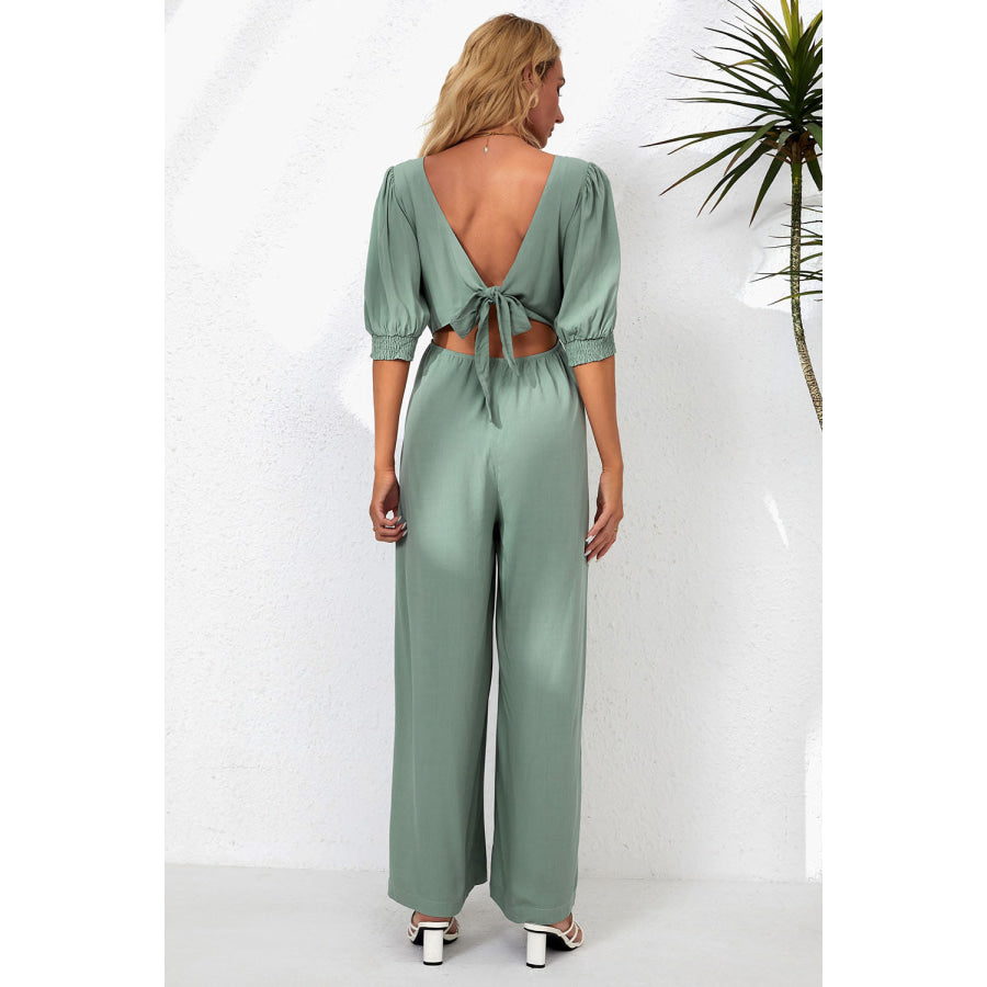 V - Neck Half Sleeve Jumpsuit Sage / S Apparel and Accessories