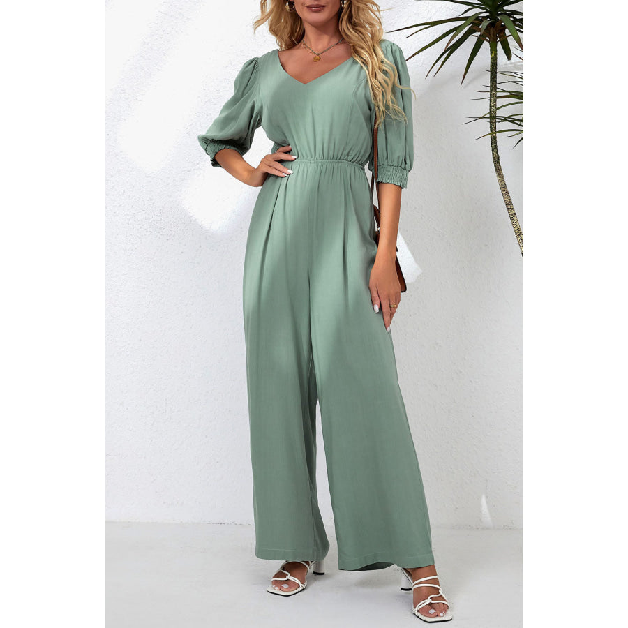 V - Neck Half Sleeve Jumpsuit Sage / S Apparel and Accessories