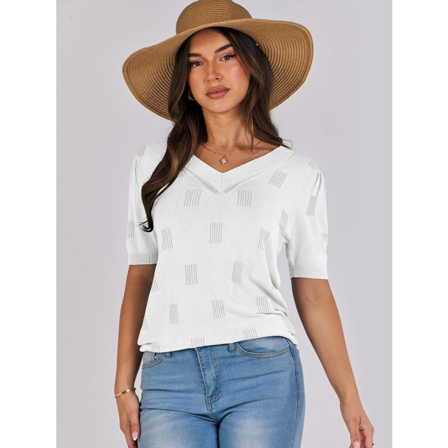 V-Neck Half Sleeve Knit Top White / S Apparel and Accessories