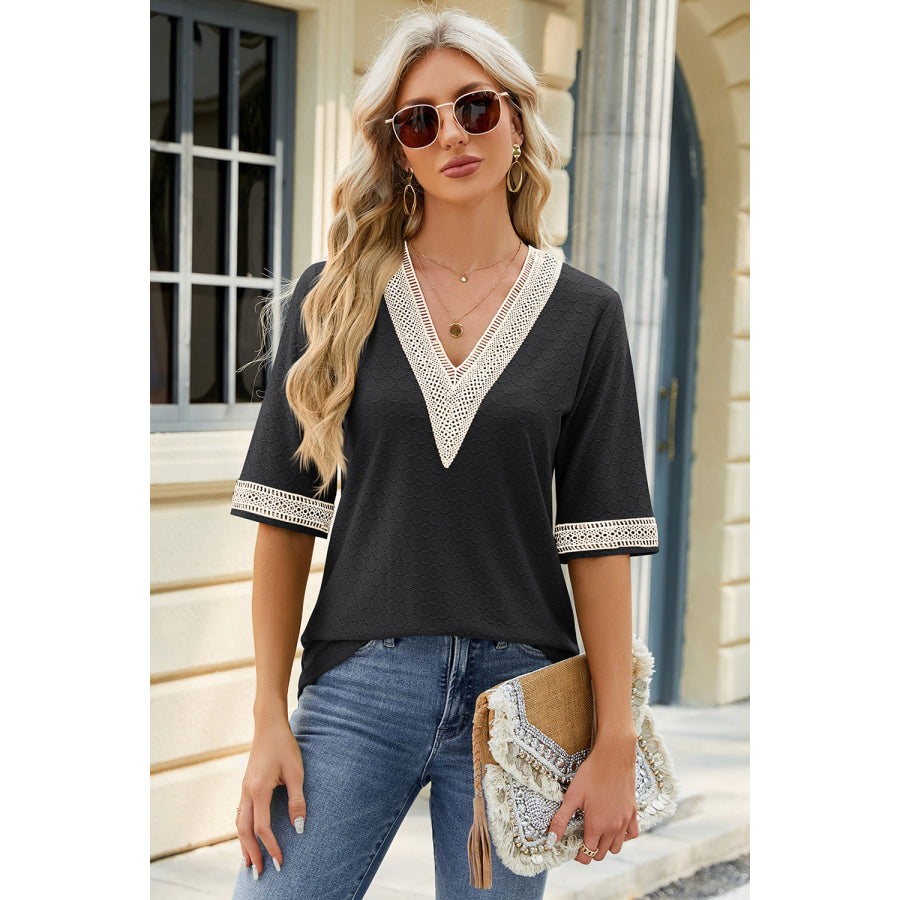 V - Neck Half Sleeve T - Shirt Black / S Apparel and Accessories