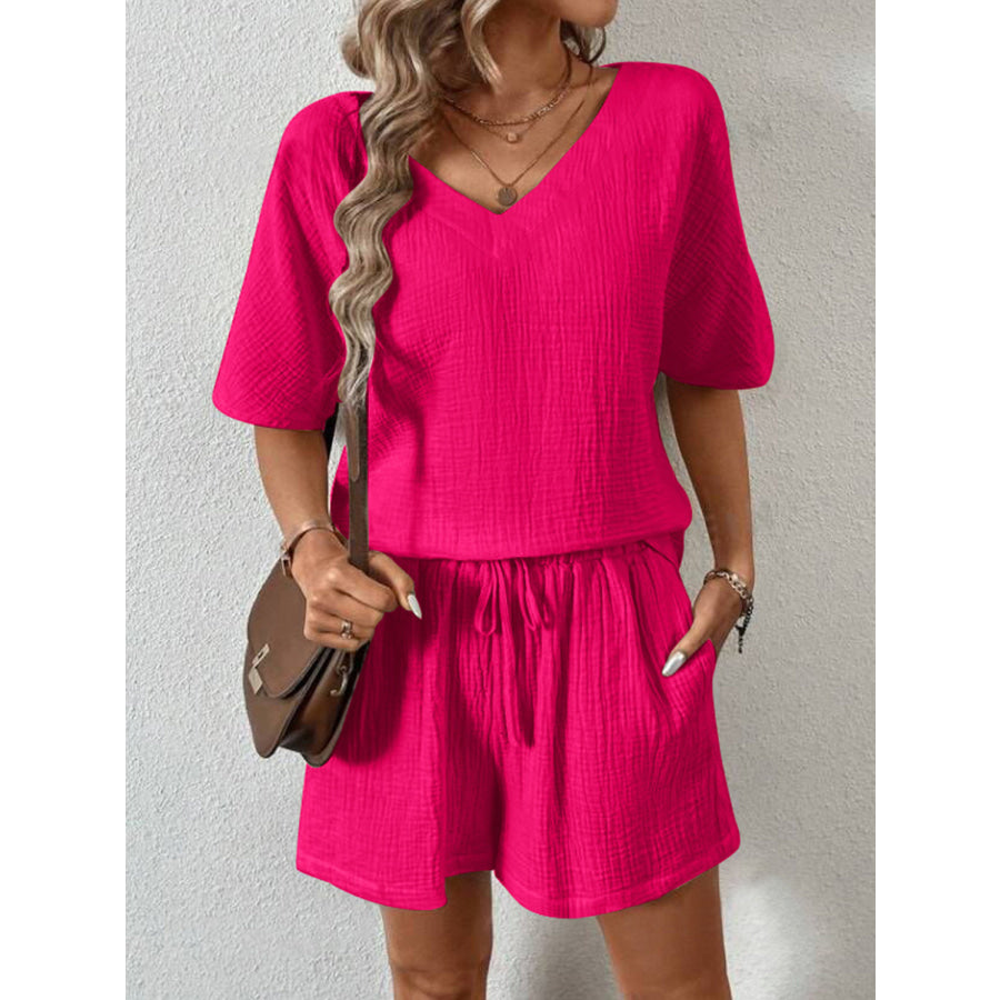 V - Neck Half Sleeve Top and Shorts Set Hot Pink / S Apparel Accessories