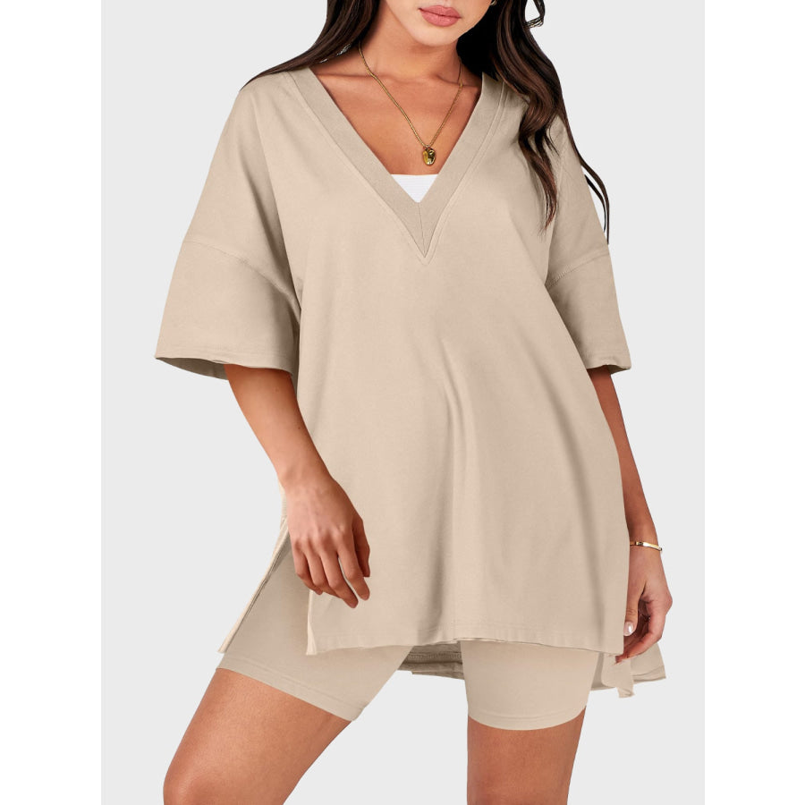 V - Neck Half Sleeve Top and Shorts Set Khaki / S Apparel and Accessories