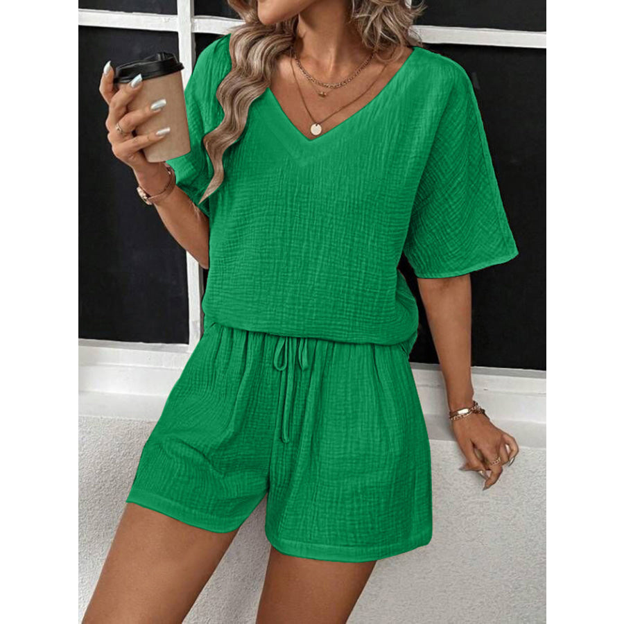 V - Neck Half Sleeve Top and Shorts Set Mid Green / S Apparel Accessories