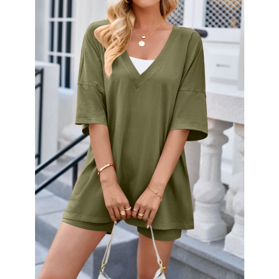 V - Neck Half Sleeve Top and Shorts Set Moss / S Apparel and Accessories