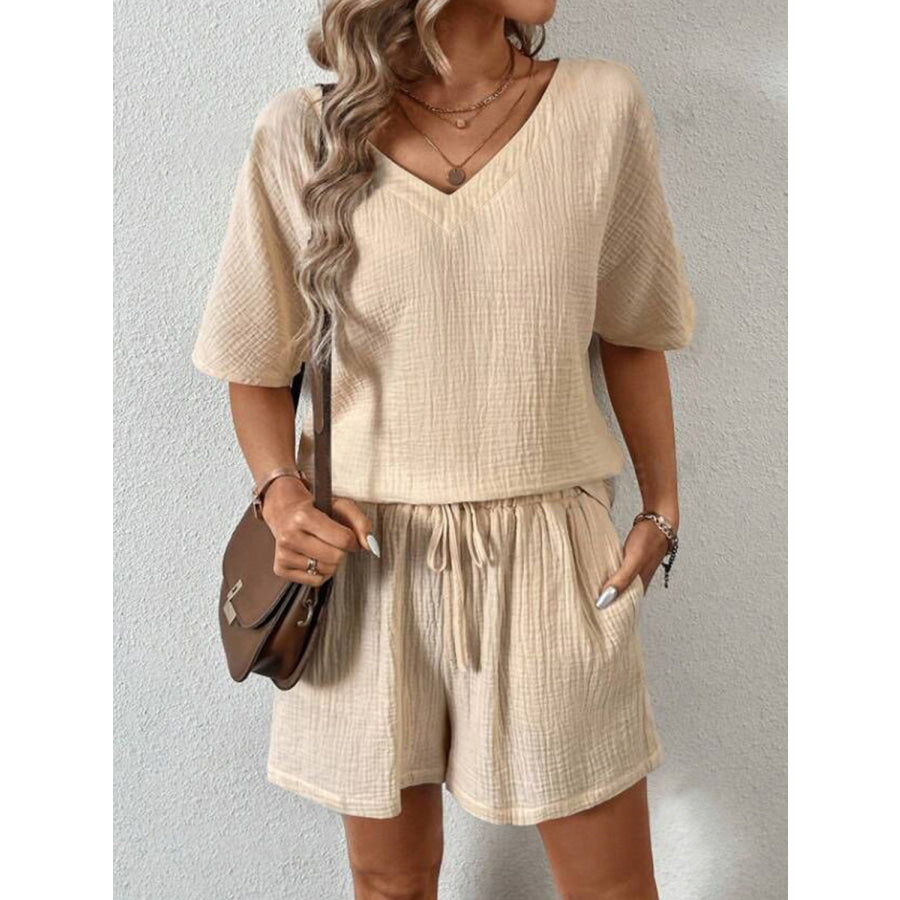 V - Neck Half Sleeve Top and Shorts Set Sand / S Apparel Accessories