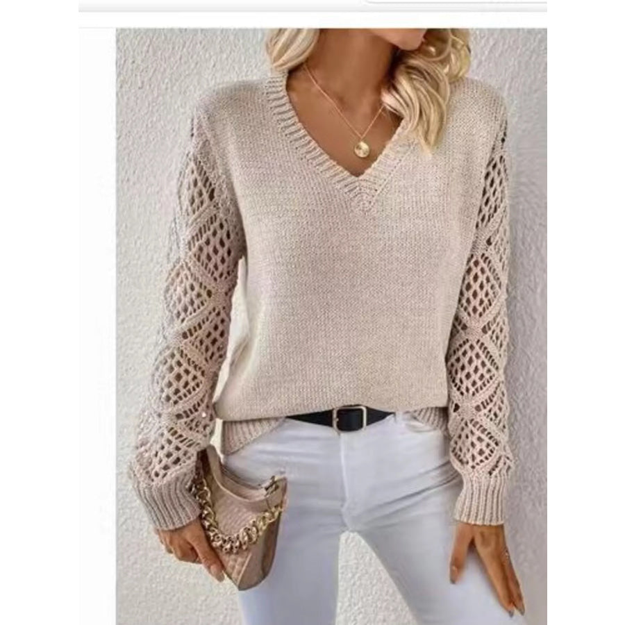 V-Neck Hollow-Out Sleeve Knit Sweater Apricot / S Apparel and Accessories