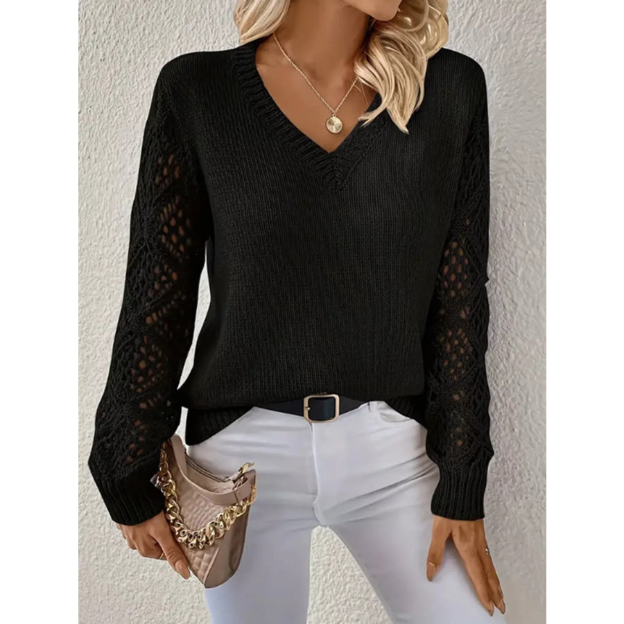V-Neck Hollow-Out Sleeve Knit Sweater Black / S Apparel and Accessories