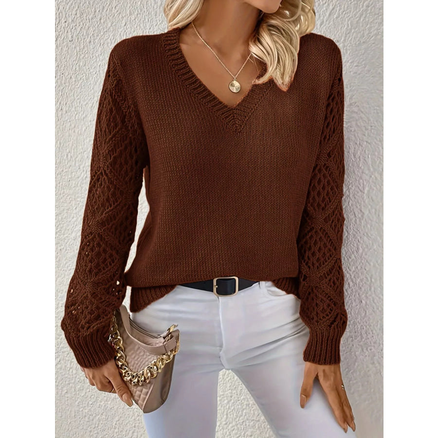 V-Neck Hollow-Out Sleeve Knit Sweater Brown / S Apparel and Accessories