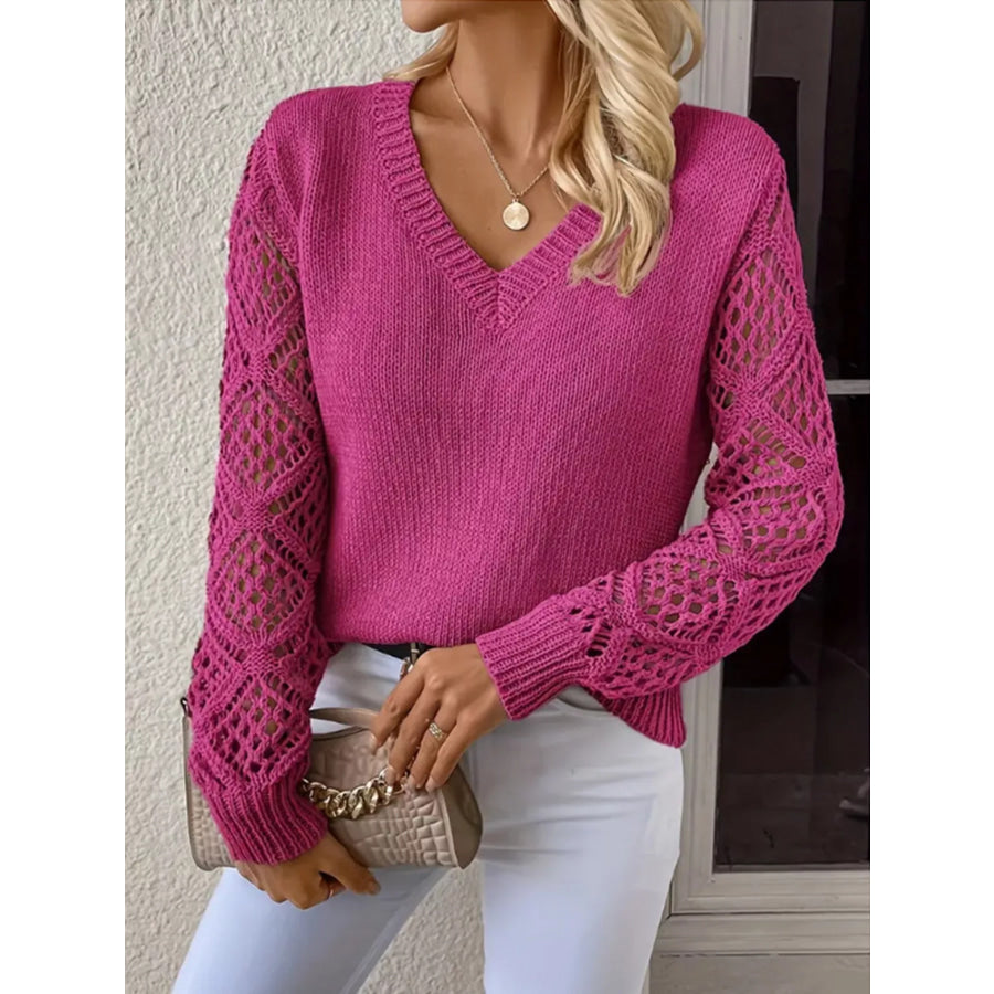 V-Neck Hollow-Out Sleeve Knit Sweater Fuchsia Pink / S Apparel and Accessories