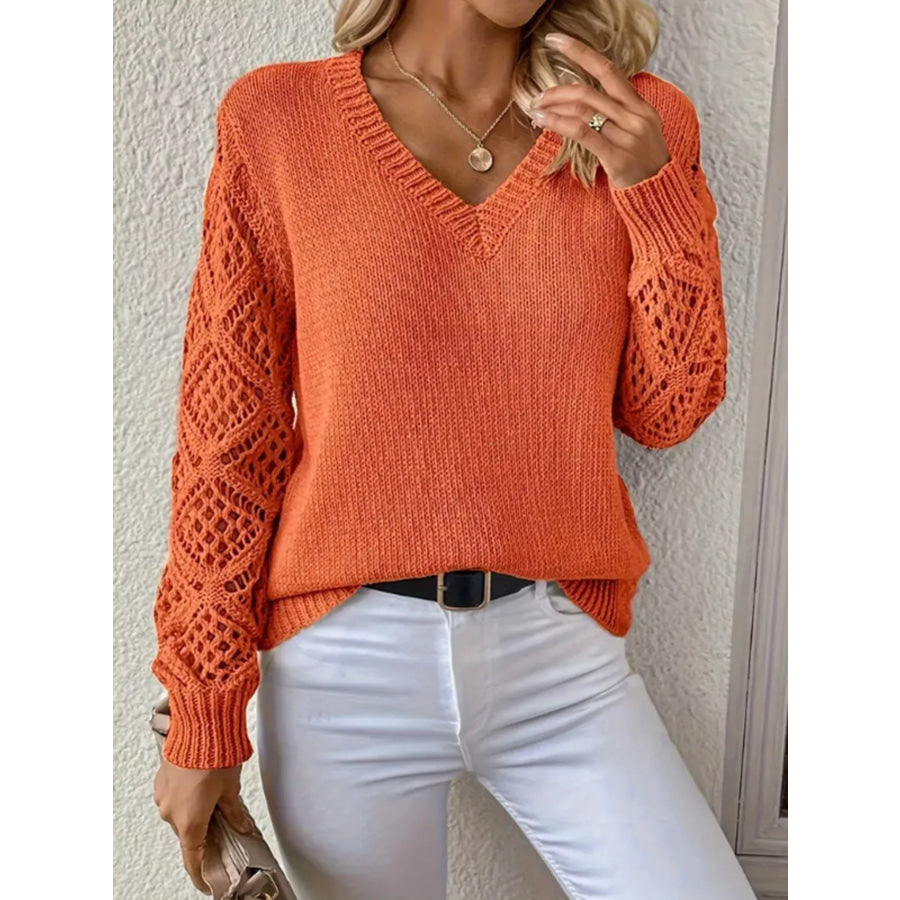 V-Neck Hollow-Out Sleeve Knit Sweater Orange-red / S Apparel and Accessories