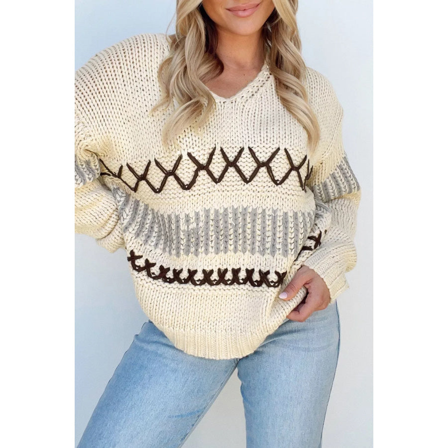 V-Neck Knit Long Sleeve Sweater Apparel and Accessories