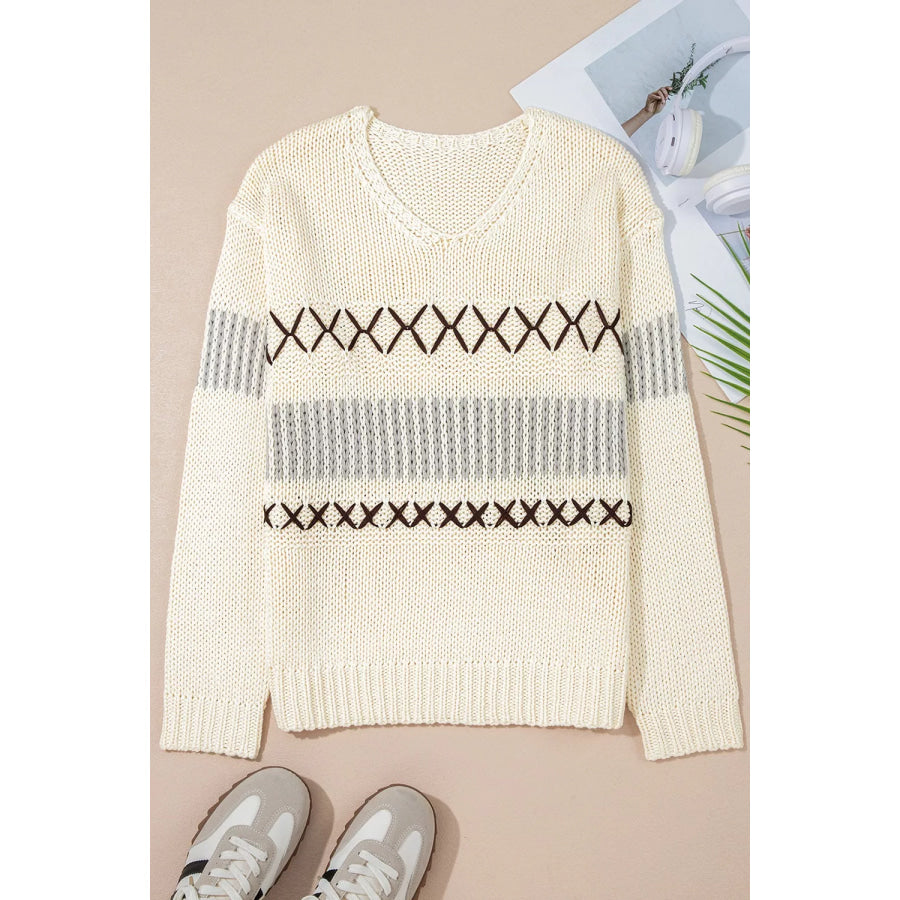 V-Neck Knit Long Sleeve Sweater Apparel and Accessories