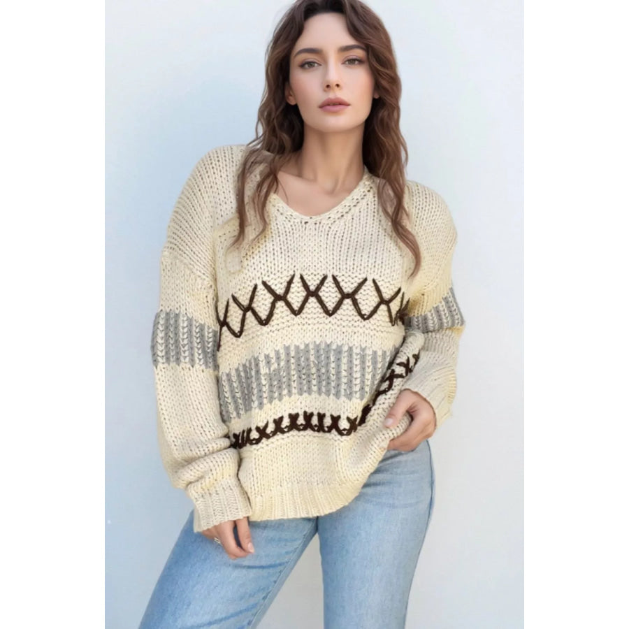 V-Neck Knit Long Sleeve Sweater Cream / S Apparel and Accessories