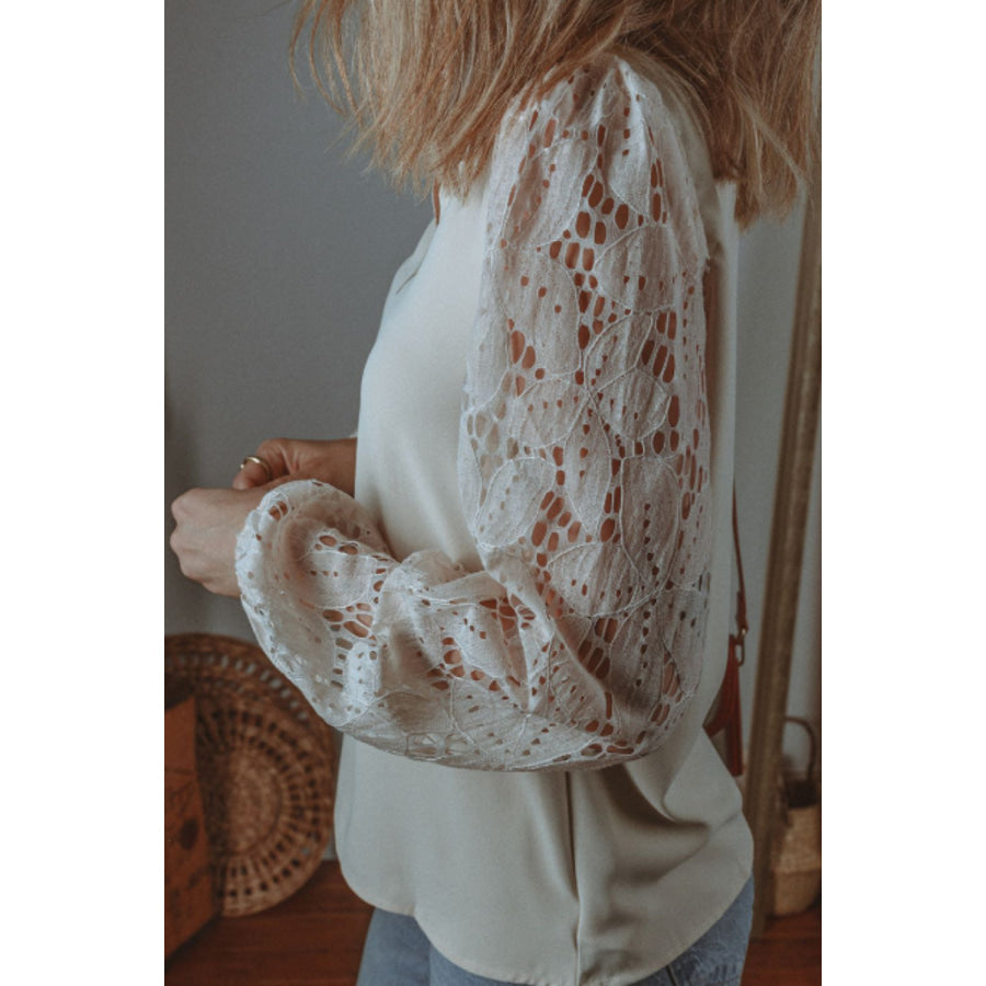 V Neck Lace Balloon Sleeve Blouse Apparel and Accessories