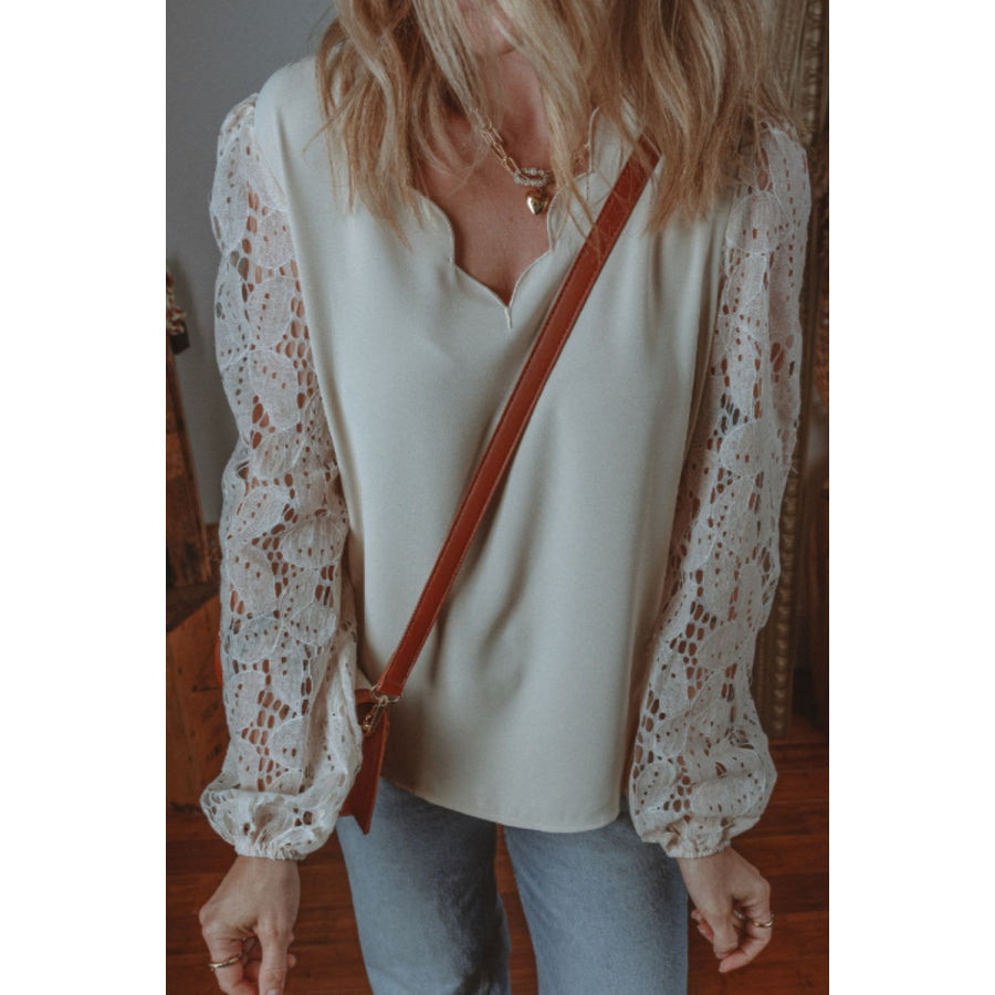 V Neck Lace Balloon Sleeve Blouse Apparel and Accessories