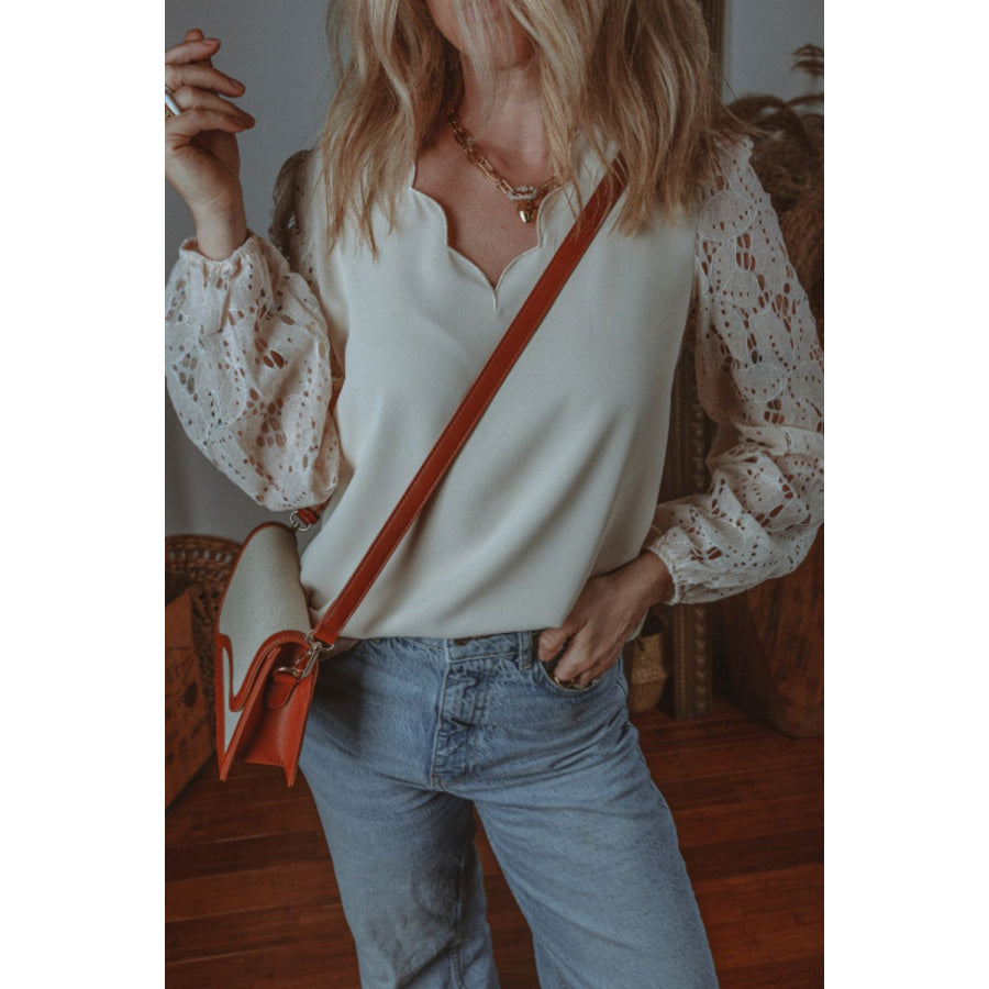 V Neck Lace Balloon Sleeve Blouse Apparel and Accessories