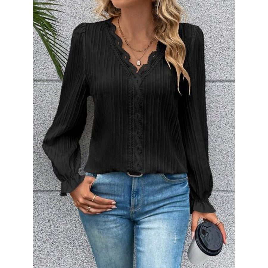 V-Neck Lace Detail Flounce Sleeve Blouse Black / S Clothing