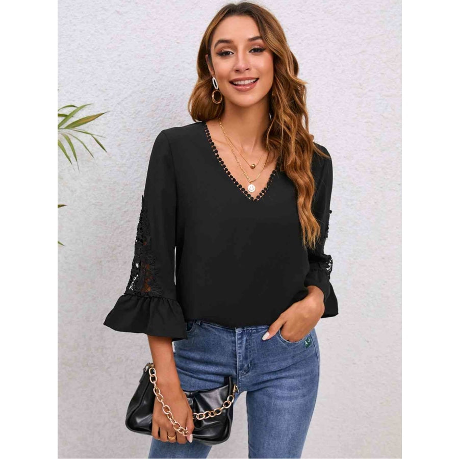 V-Neck Lace Detail Flounce Sleeve Blouse Black / S