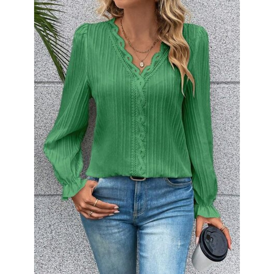 V-Neck Lace Detail Flounce Sleeve Blouse Clothing