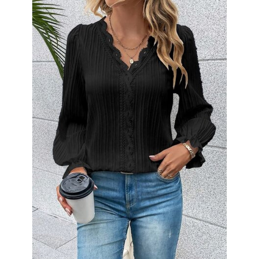 V-Neck Lace Detail Flounce Sleeve Blouse Clothing