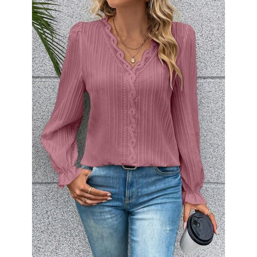 V-Neck Lace Detail Flounce Sleeve Blouse Clothing