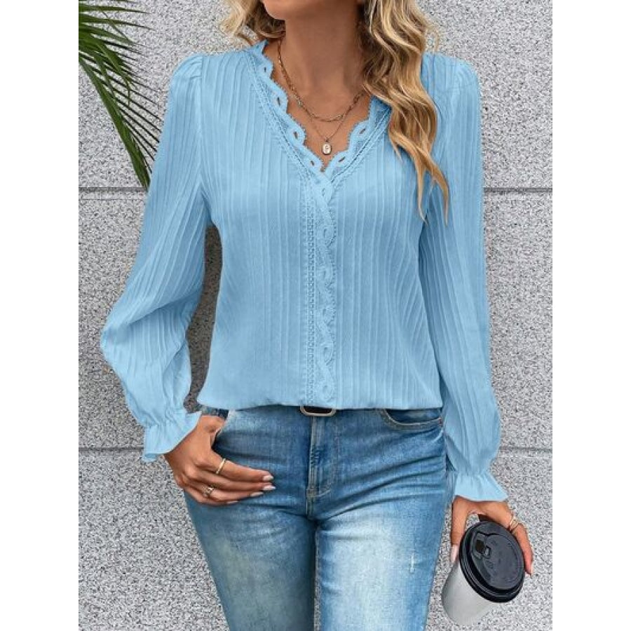 V-Neck Lace Detail Flounce Sleeve Blouse Clothing