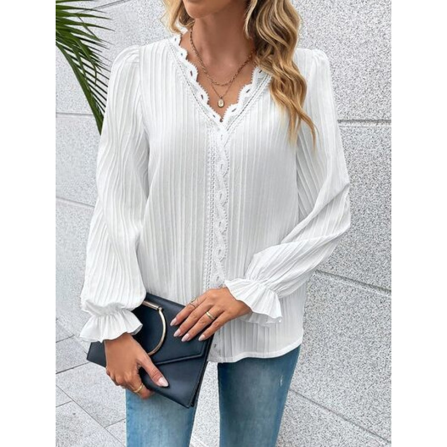 V-Neck Lace Detail Flounce Sleeve Blouse Clothing