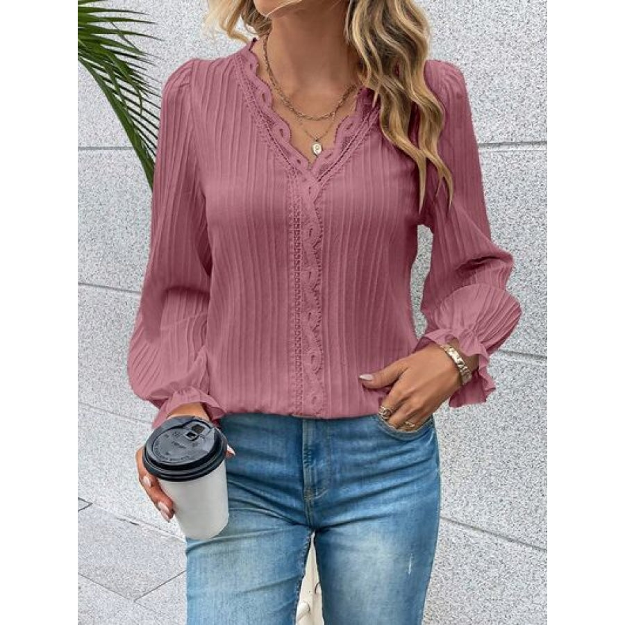 V-Neck Lace Detail Flounce Sleeve Blouse Light Mauve / S Clothing