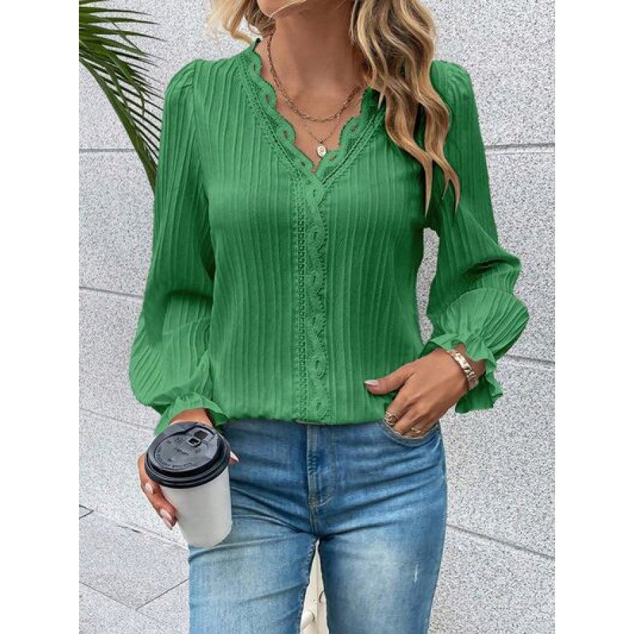 V-Neck Lace Detail Flounce Sleeve Blouse Mid Green / S Clothing