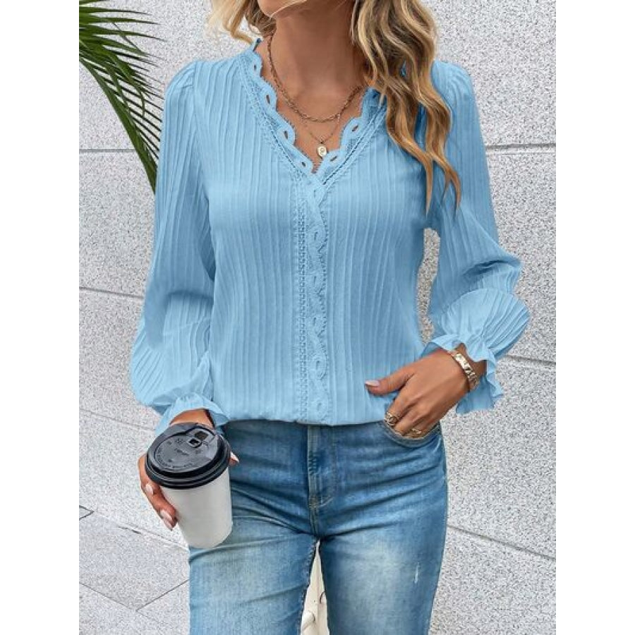 V-Neck Lace Detail Flounce Sleeve Blouse Sky Blue / S Clothing