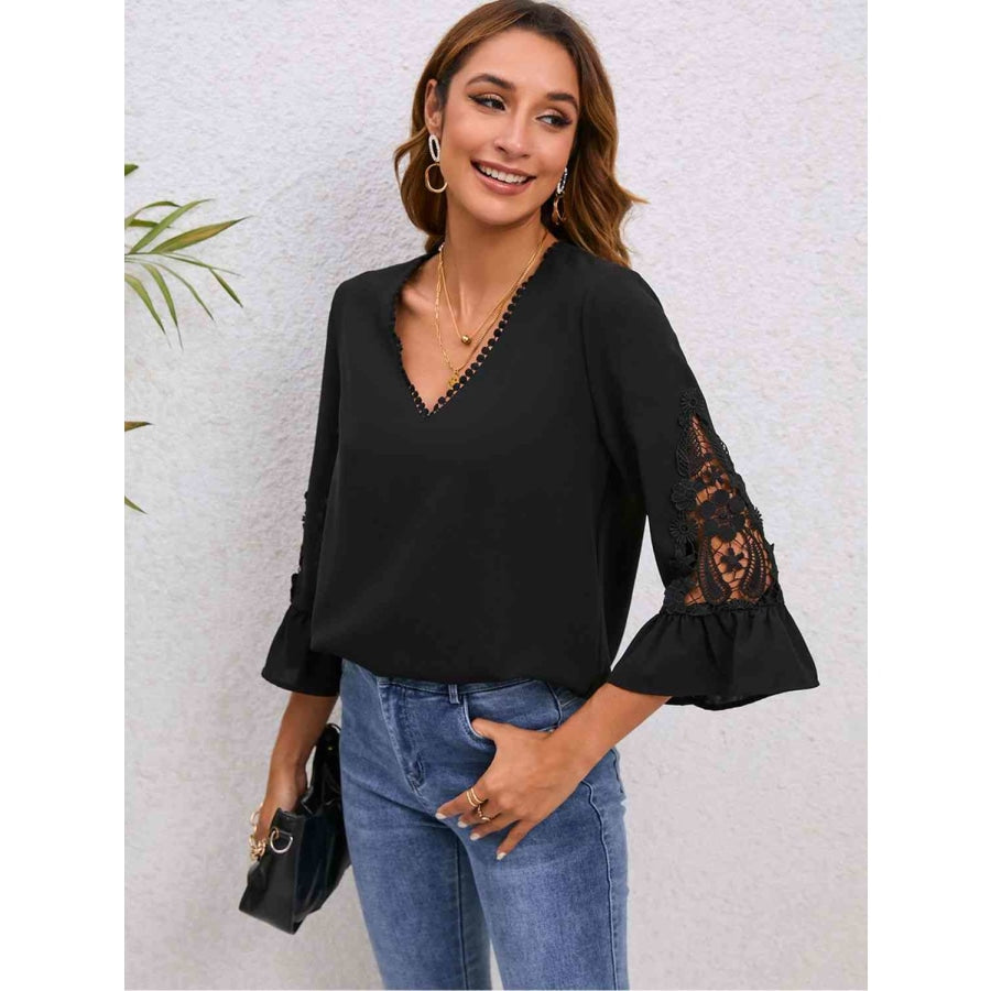 V-Neck Lace Detail Flounce Sleeve Blouse