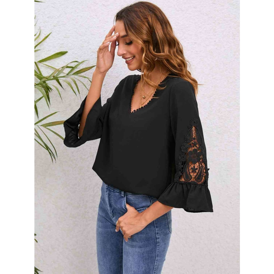 V-Neck Lace Detail Flounce Sleeve Blouse