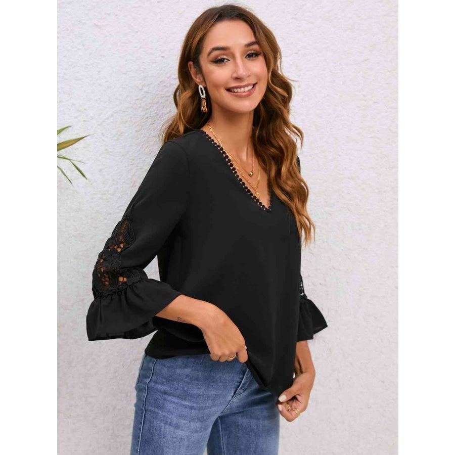 V-Neck Lace Detail Flounce Sleeve Blouse