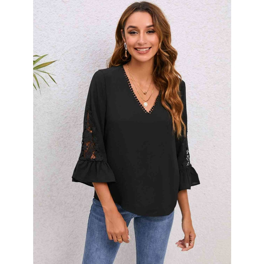 V-Neck Lace Detail Flounce Sleeve Blouse