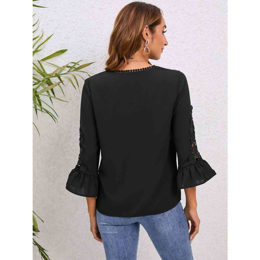 V-Neck Lace Detail Flounce Sleeve Blouse Black / S