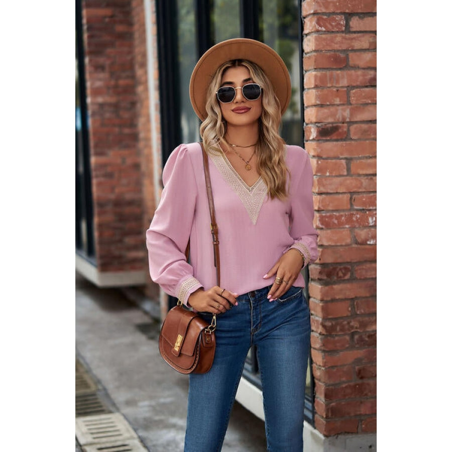 V-Neck Lace Detail Long Sleeve Top Fuchsia Pink / S Shirts &amp; Tops