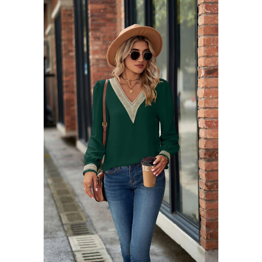 V-Neck Lace Detail Long Sleeve Top Green / S Shirts &amp; Tops