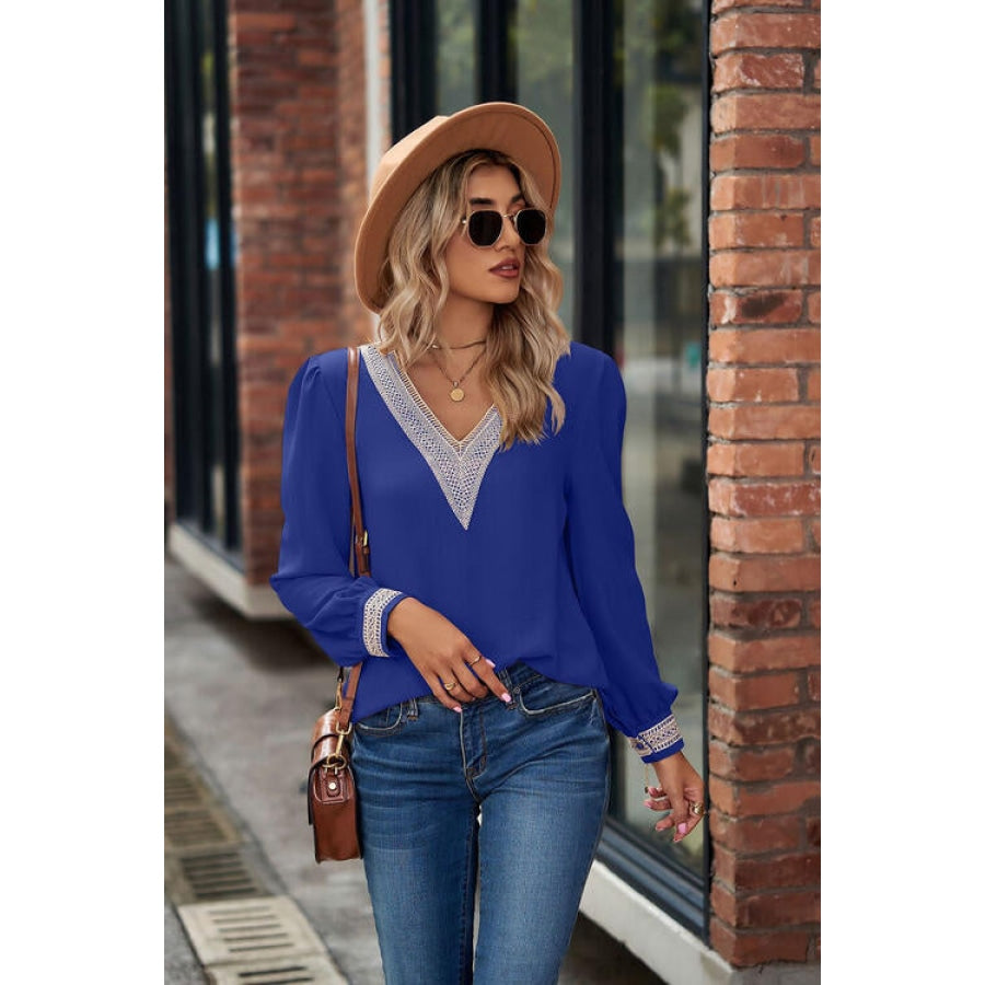 V-Neck Lace Detail Long Sleeve Top Royal Blue / S Shirts &amp; Tops