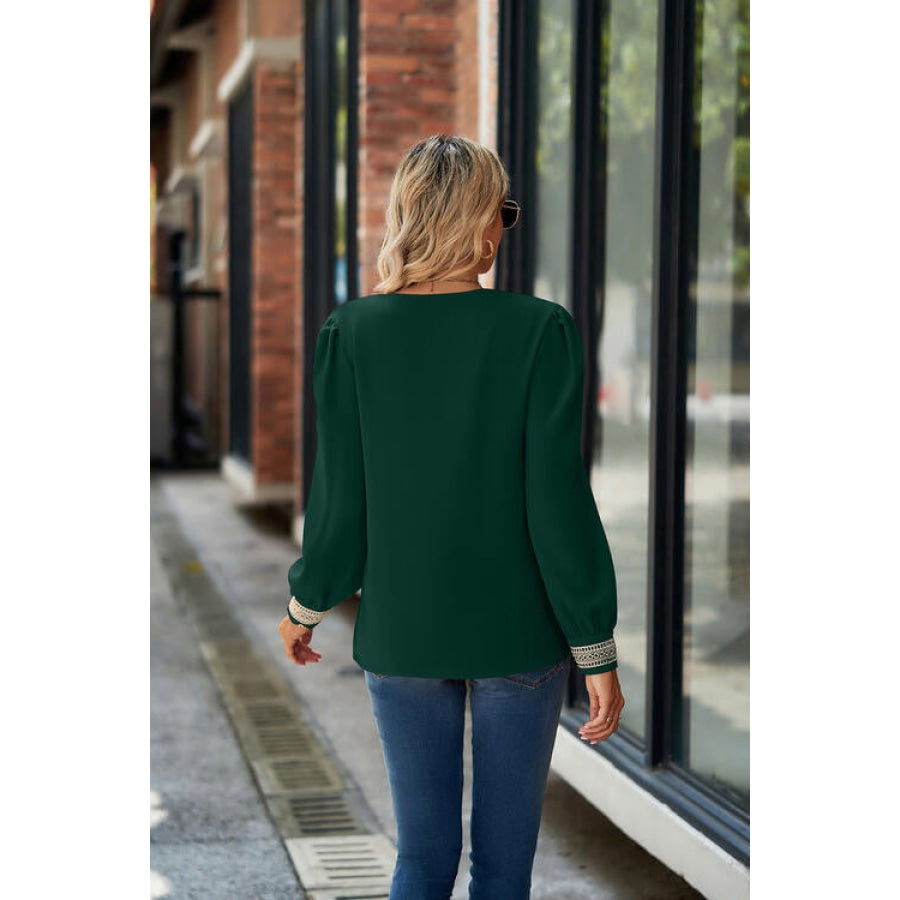 V-Neck Lace Detail Long Sleeve Top Green / S Shirts & Tops