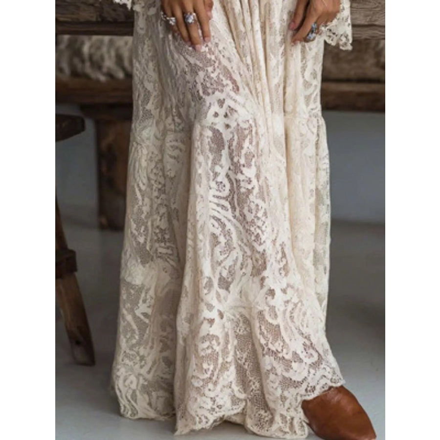 V-Neck Lace Flare Sleeve Maxi Dress Apparel and Accessories