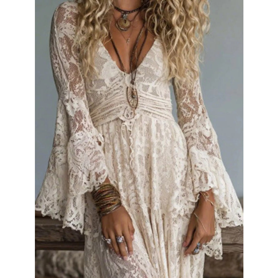 V-Neck Lace Flare Sleeve Maxi Dress Apparel and Accessories