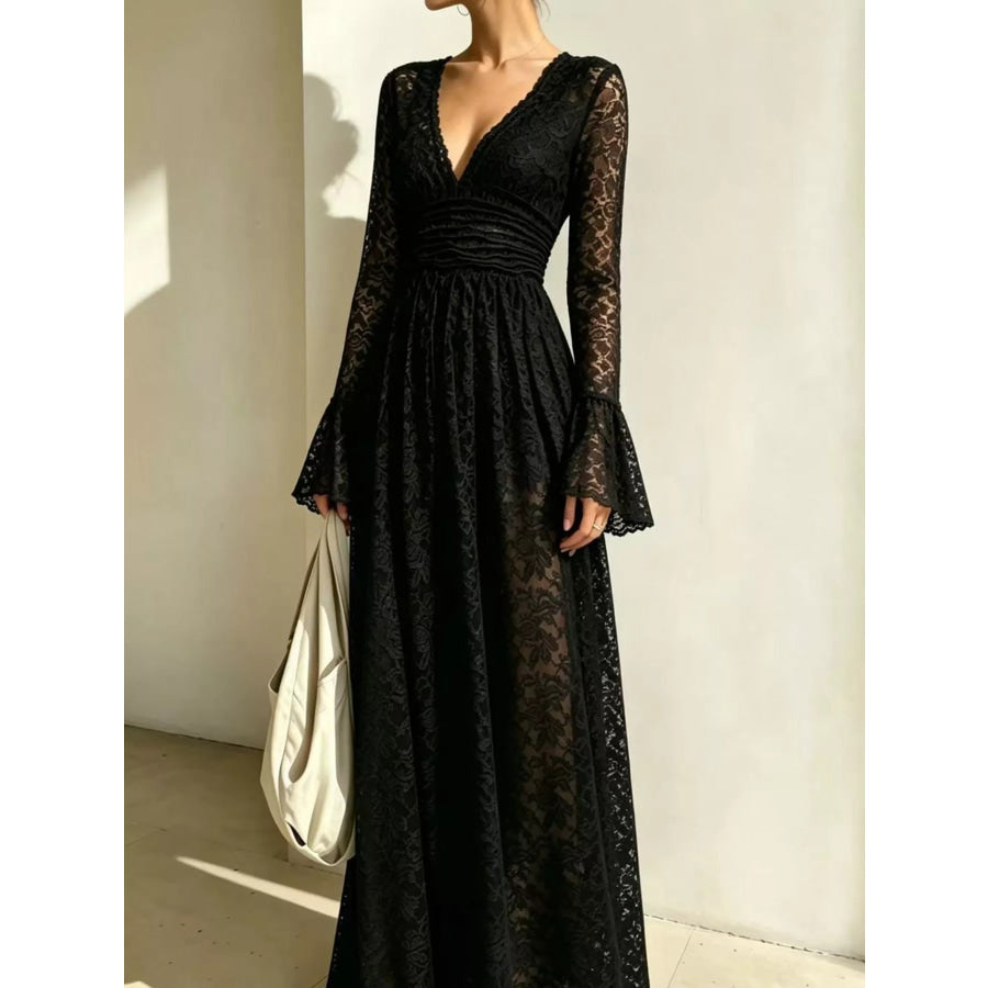 V-Neck Lace Flare Sleeve Maxi Dress Apparel and Accessories