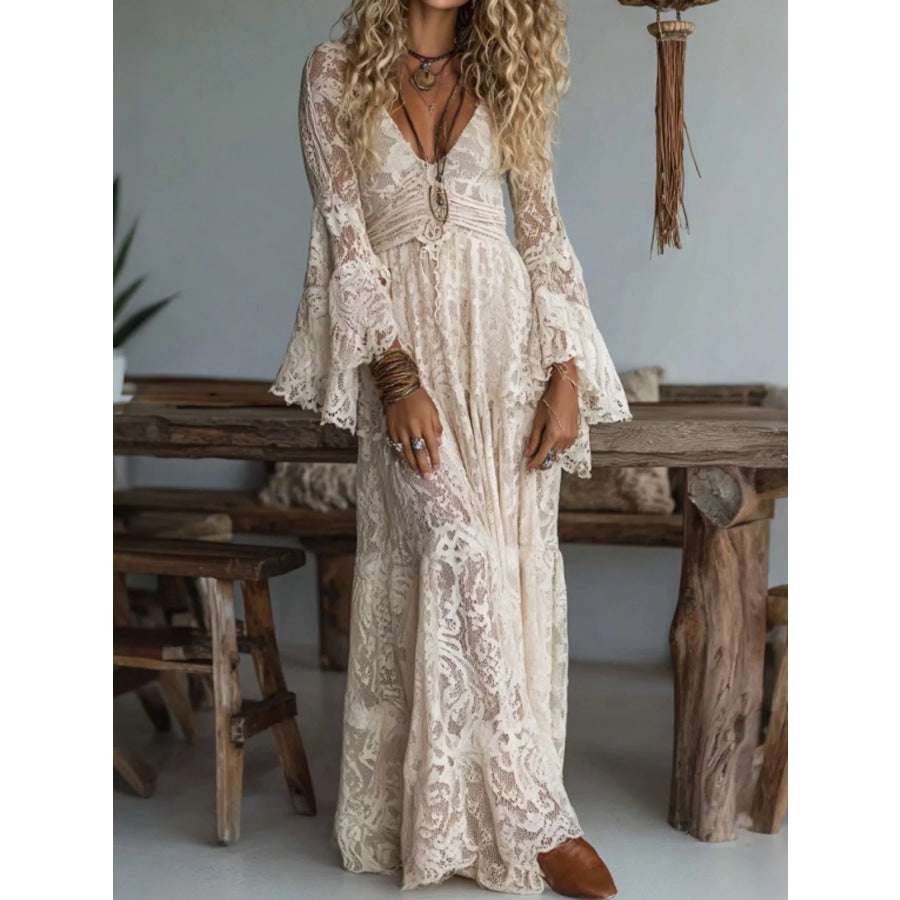 V-Neck Lace Flare Sleeve Maxi Dress Apricot / XS Apparel and Accessories