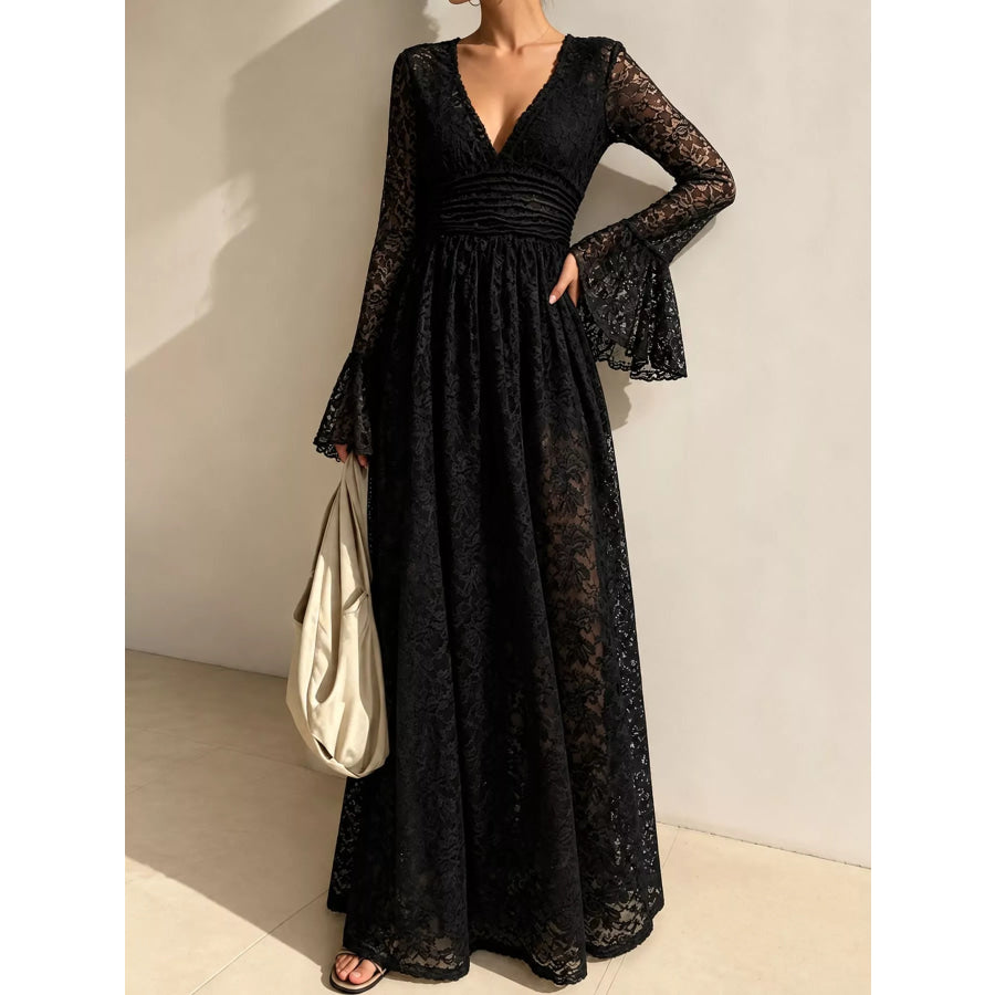 V-Neck Lace Flare Sleeve Maxi Dress Black / XS Apparel and Accessories
