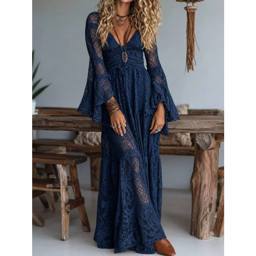 V-Neck Lace Flare Sleeve Maxi Dress Blue / XS Apparel and Accessories
