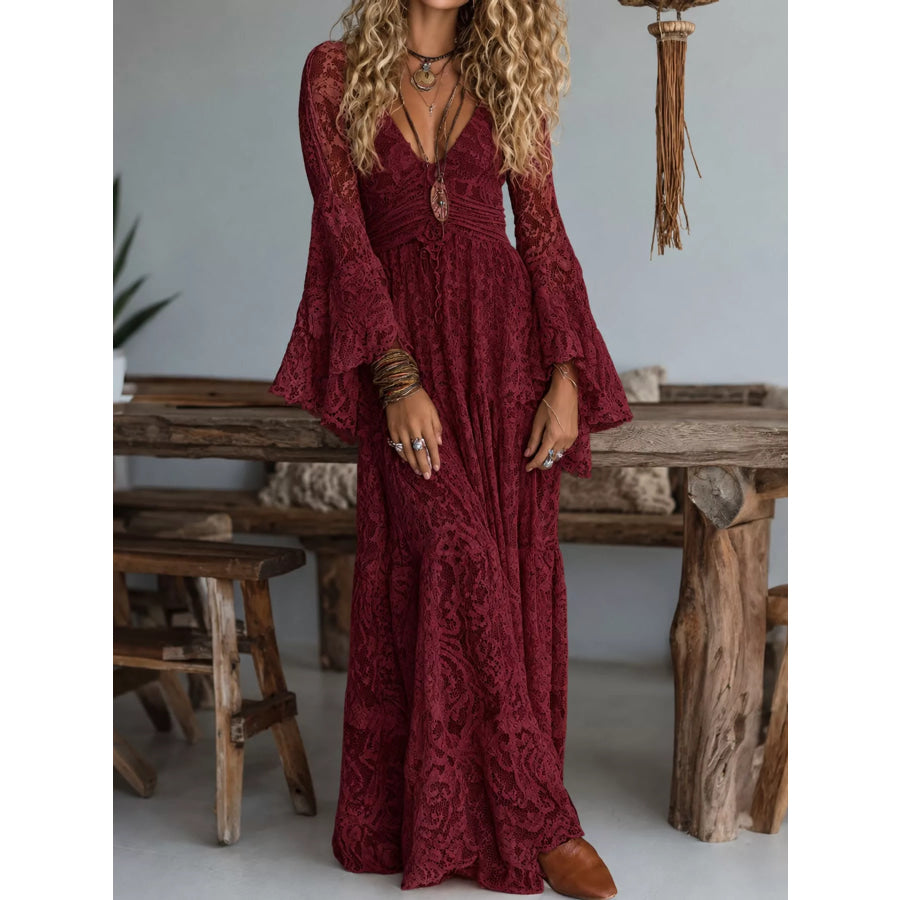 V-Neck Lace Flare Sleeve Maxi Dress Burgundy / XS Apparel and Accessories