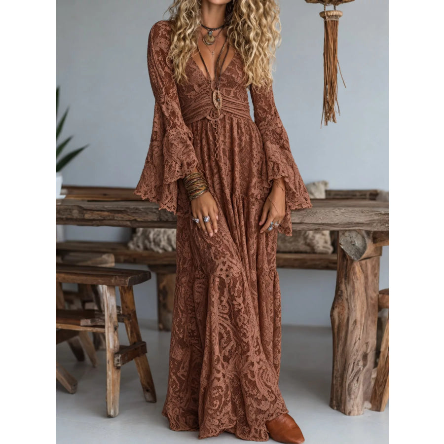 V-Neck Lace Flare Sleeve Maxi Dress Coffee / XS Apparel and Accessories