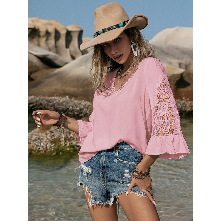 V-Neck Lace Flounce Sleeve Blouse Apparel and Accessories